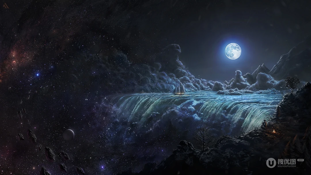 科幻 星空 银河 瀑布 月亮 帆船 篝火动漫场景插画壁纸美图