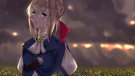 雨天 花园，在雨中流泪的英伦装扮动漫少女伤感壁纸图片