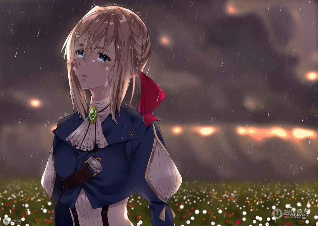 雨天 花园，在雨中流泪的英伦装扮动漫少女伤感壁纸图片