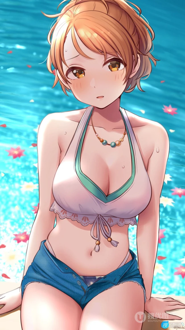 坐在湖边的性感丰满吊带背心短裤二次元美少女高清插画手机壁纸图片