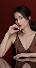 白鹿气质时尚露肩装肩带裙写真，手拿唇膏，展现温柔女人独特魅力