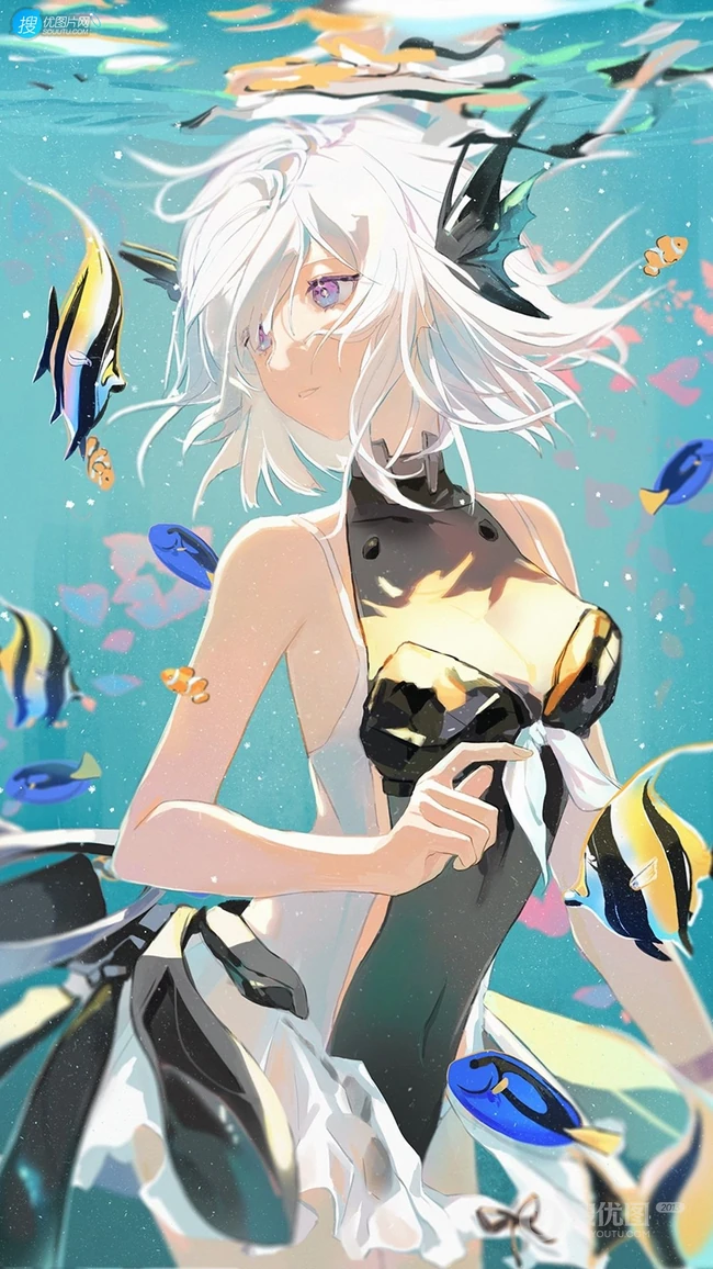 水中  鱼儿，白发少女，吊带裙 在水中的动漫少女高清插画手机壁纸图片