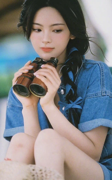 杨超越俏皮草帽，牛仔衣清凉穿搭海边唯美写真手机壁纸图片