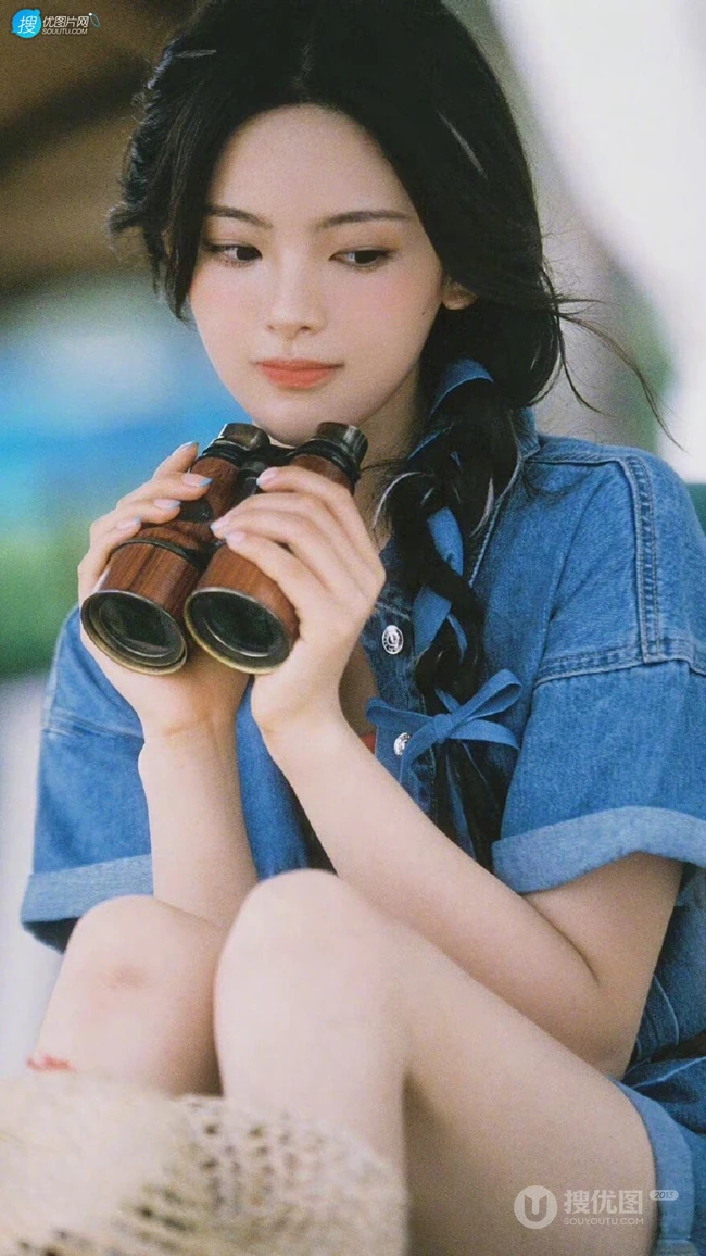 杨超越俏皮草帽，牛仔衣清凉穿搭海边唯美写真手机壁纸图片