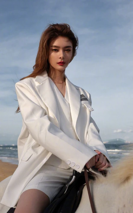 傅菁身穿白色西服套装，身骑白马 海边帅气写真图片