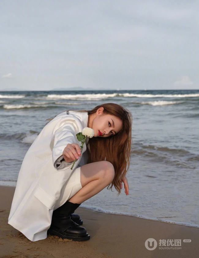 傅菁身穿白色西服套装，身骑白马 海边帅气写真图片