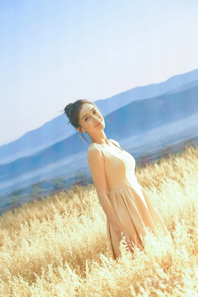 Angelababy身着麦色连衣裙在麦田中清新清新写真花絮美照