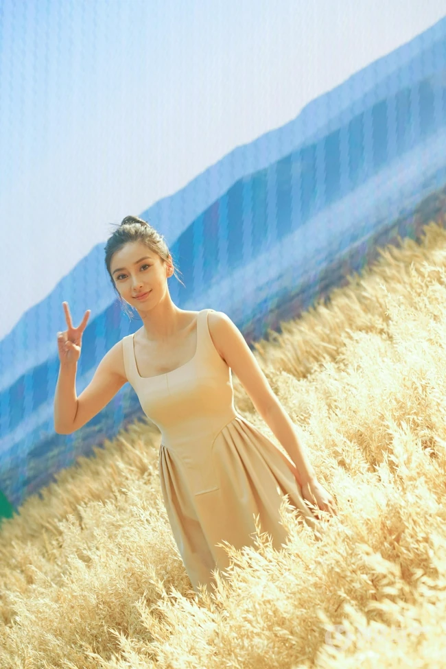 Angelababy身着麦色连衣裙在麦田中清新清新写真花絮美照