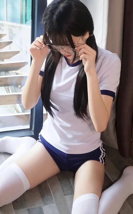 W坐姿的学生运动制服短裤眼镜妹子图片