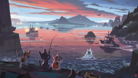 几只在海港海口边钓鱼的小猫，小花猫，及海豚，轮船场景插画图片