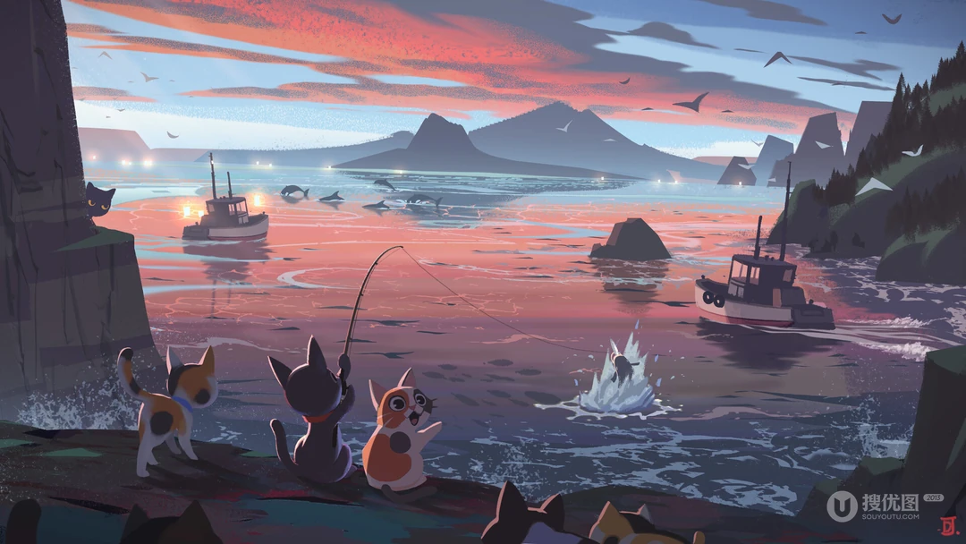 几只在海港海口边钓鱼的小猫，小花猫，及海豚，轮船场景插画图片