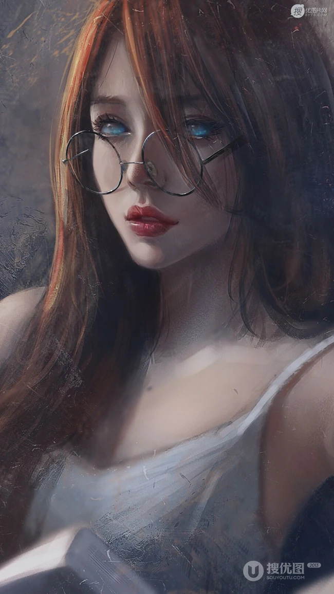 戴眼镜看书的性感吊带睡衣动漫女高清插画图片