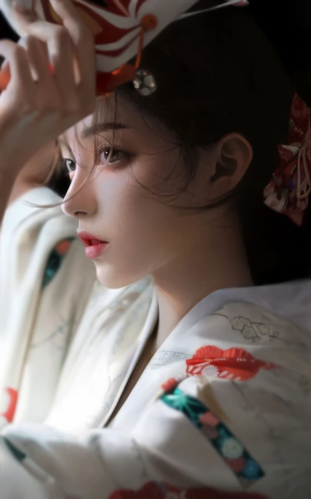和服装，头戴狐狸面具的少女唯美高清手机壁纸图片