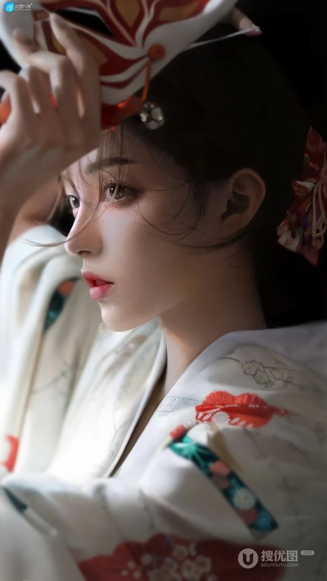 和服装，头戴狐狸面具的少女唯美高清手机壁纸图片