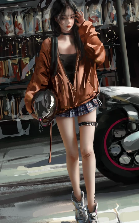 手抱头盔的时尚，个性，酷飒二次元短裙机车少女高清插画手机壁纸图片