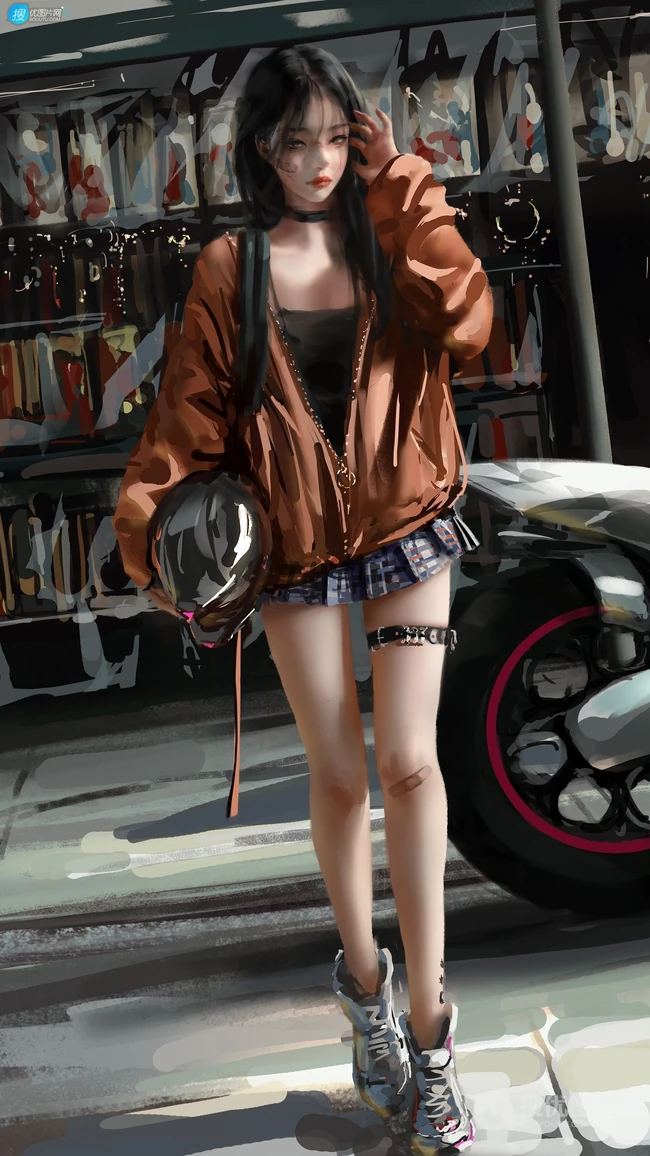 手抱头盔的时尚，个性，酷飒二次元短裙机车少女高清插画手机壁纸图片