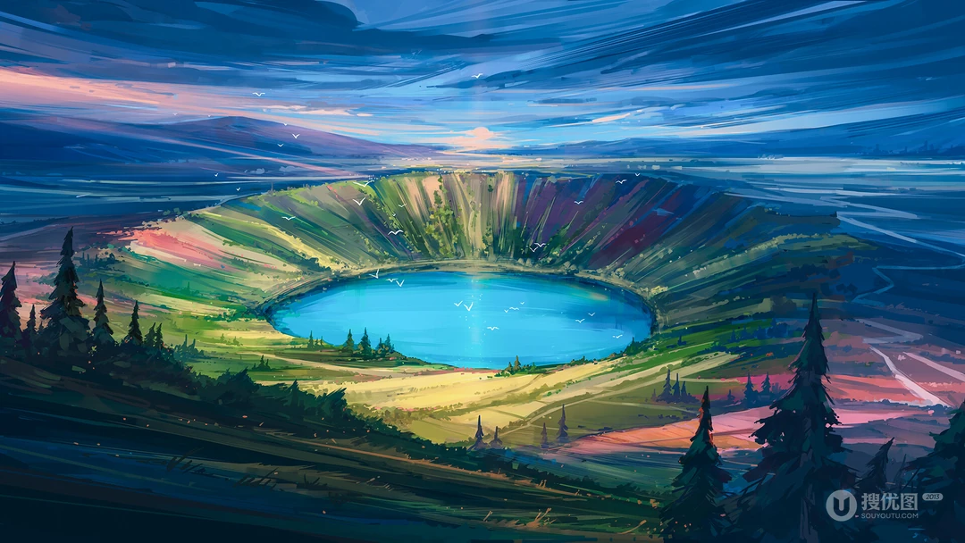 宛如一个大碗，碗碟般的火山湖唯美森系动漫场景插画美图