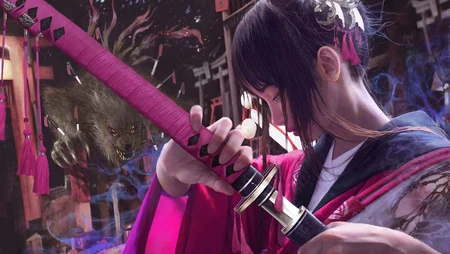 拿着武士刀的和服女人，以及一只凶狠的狼人动漫CG插画图片
