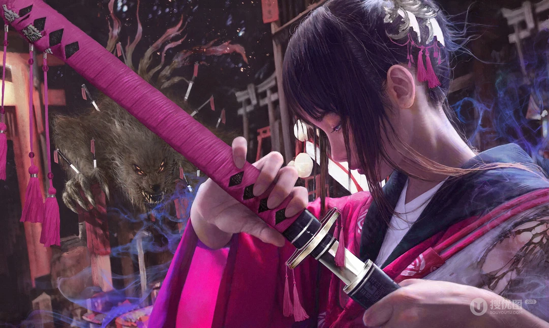 拿着武士刀的和服女人，以及一只凶狠的狼人动漫CG插画图片