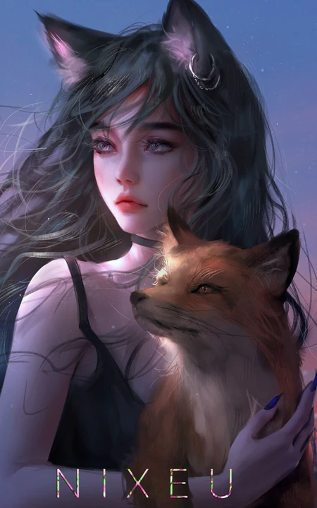 抱着一只狐狸的狐狸耳朵少女高清动漫cg插画手机壁纸图片
