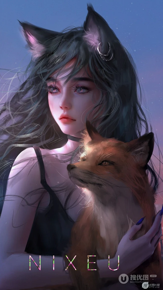 抱着一只狐狸的狐狸耳朵少女高清动漫cg插画手机壁纸图片