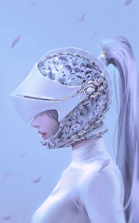 戴着科幻感十足头盔的性感丰满马尾辫白发动漫少女高清手机壁纸图片