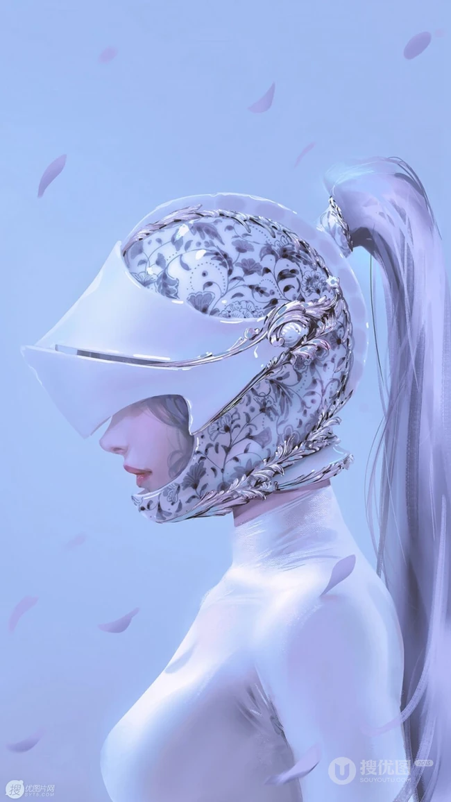 戴着科幻感十足头盔的性感丰满马尾辫白发动漫少女高清手机壁纸图片