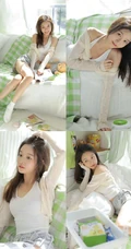 清新的牛油果色少女闺房，阳光元气可人背心短裤少女甜美悠闲居家写真美照