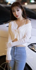 气质时尚女生小姐姐林星阑紧身白衫牛仔裤街拍与车拍柔美有女人味套图