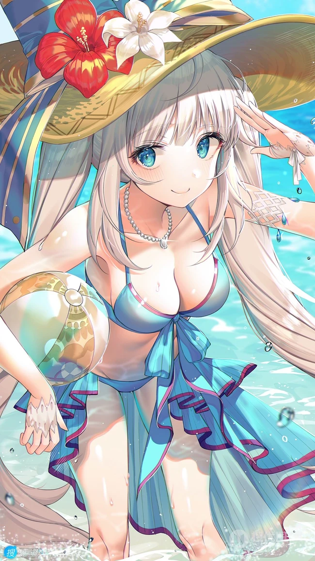抱着一个球的夏日海边比基尼动漫美少女唯美高清手机壁纸图片