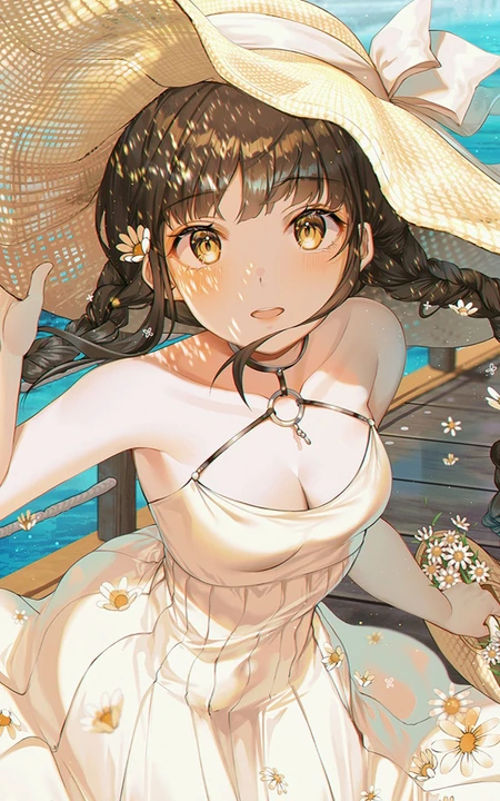 海边木栈道上戴着帽子的清新大眼睛，麻花辫动漫裙装美少女高清手机壁纸