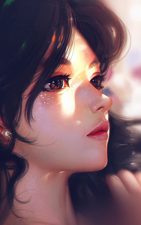 手绘阳光下得侧颜美女高清微距精致精美插画手机壁纸图片