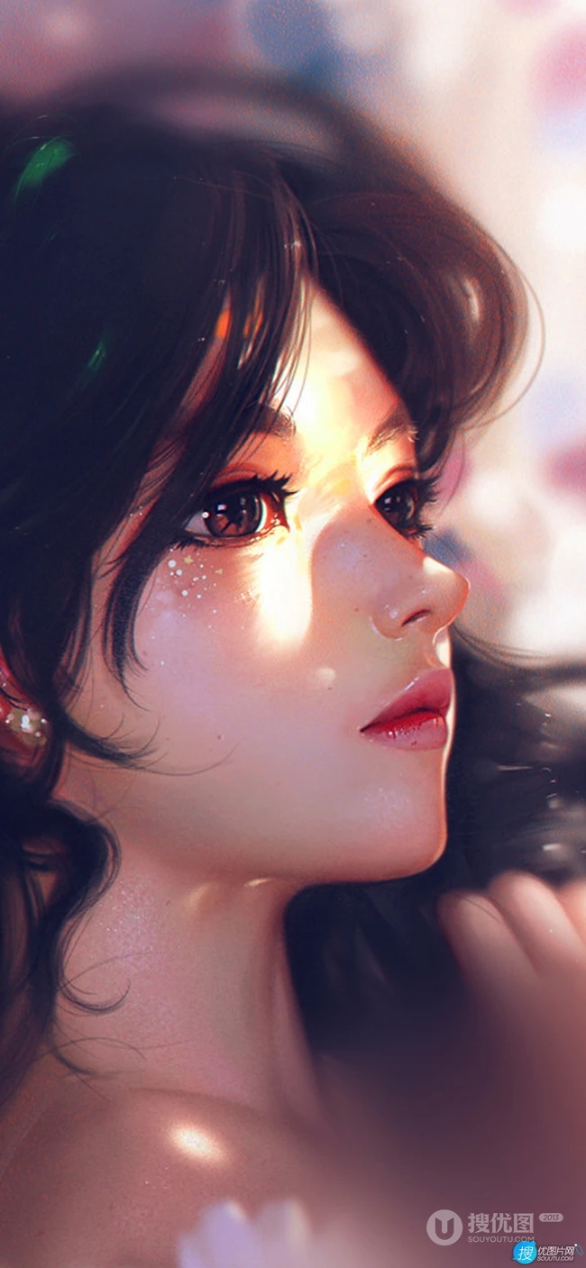 手绘阳光下得侧颜美女高清微距精致精美插画手机壁纸图片
