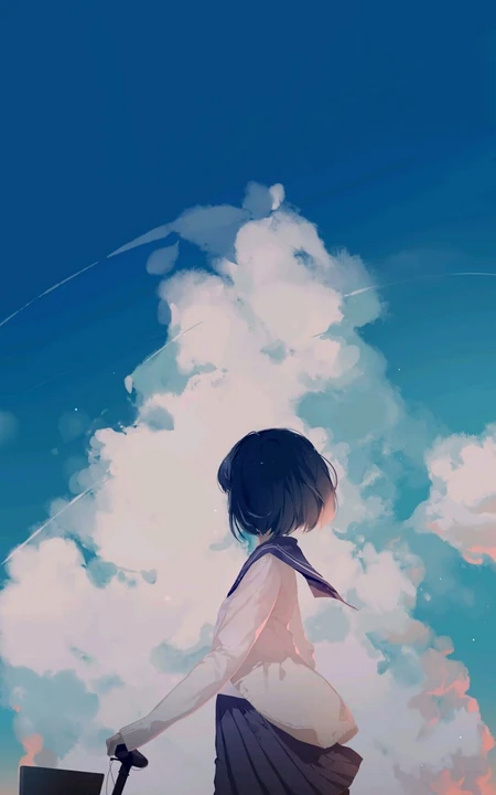 牵着自行车行走在蓝天白云下的动漫学生妹子高清手机壁纸图片