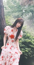 虞书欣在雾气袅绕的微光森林中 身着玫瑰花长裙安静优雅写真图片