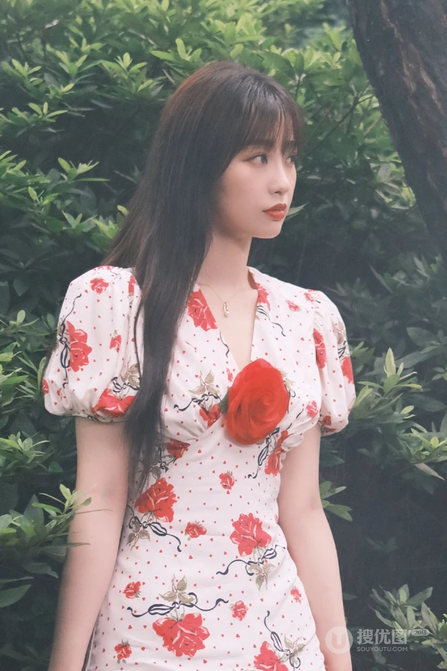 虞书欣在雾气袅绕的微光森林中 身着玫瑰花长裙安静优雅写真图片