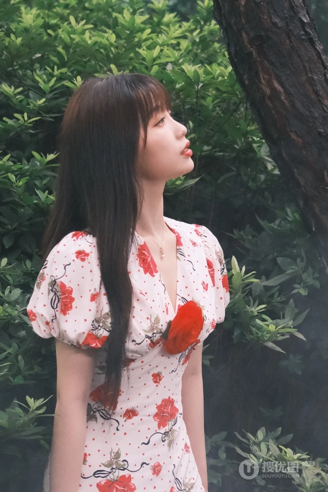 虞书欣在雾气袅绕的微光森林中 身着玫瑰花长裙安静优雅写真图片