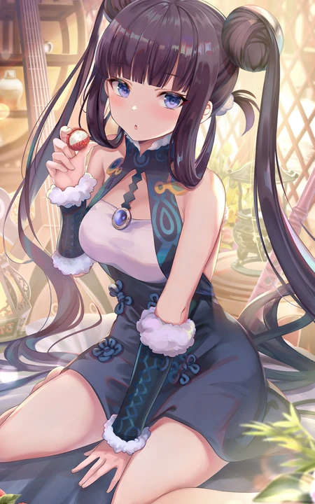 性感双马尾辫动漫旗袍短裙美少女吃荔枝高清插画手机壁纸图片