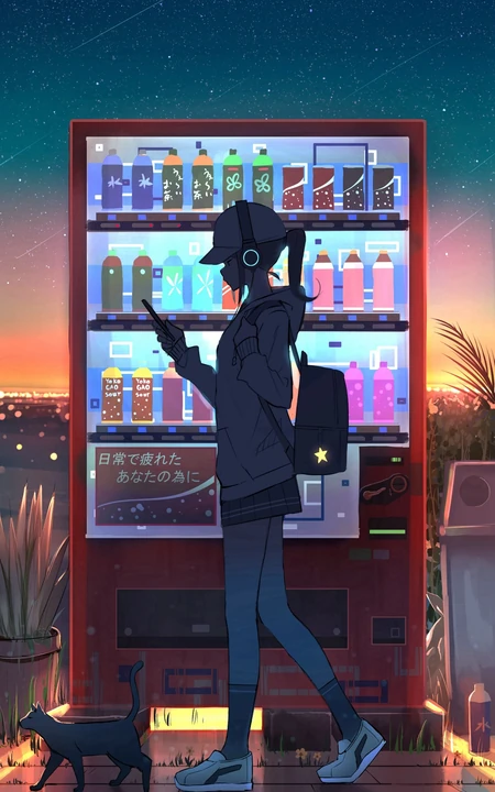 街边贩卖机前，一边看手机，一边戴耳机听音乐的动漫背包少女手机壁纸图