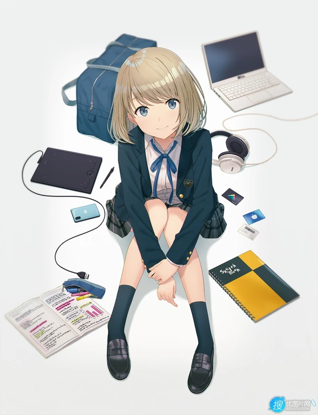 JK制服短裙动漫少女高清插画图片，日本画师日向あずり作品欣赏