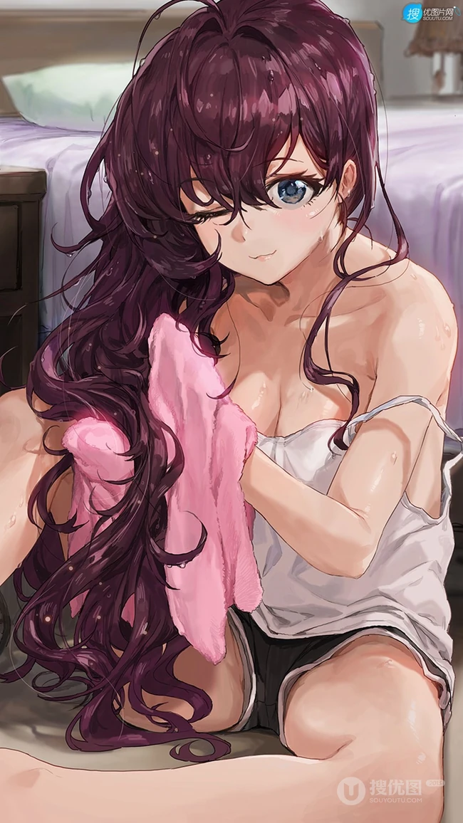 洗完头在擦头发的性感吊带衣短裤动漫美少女高清手机壁纸图片