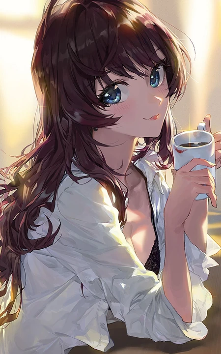 正在喝咖啡的性感优雅气质动漫美女御姐高清手机壁纸图片