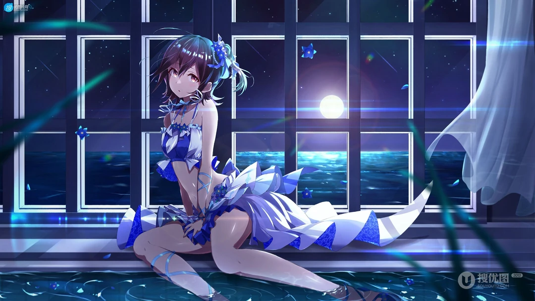 明亮月光下的海中，窗前，蓝裙动漫美少女高清梦幻桌面壁纸图片