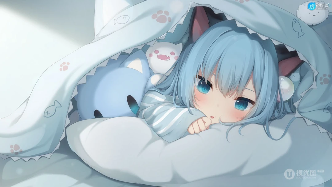 赖床的可爱动漫猫耳朵萝莉少女猫羽雫高清桌面壁纸图片