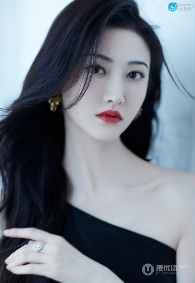 景甜气质黑色斜肩开叉丝滑绢感裙高清气质写真照
