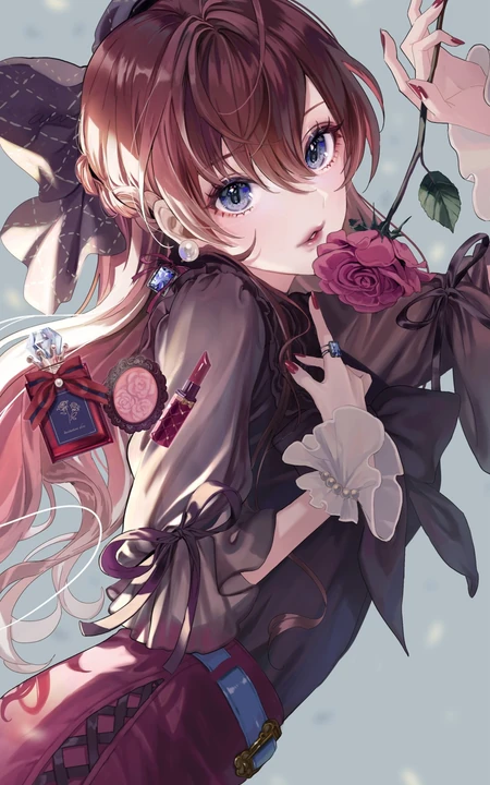 手拿玫瑰花的性感妖娆二次元动漫美女御姐高清插画手机壁纸图片