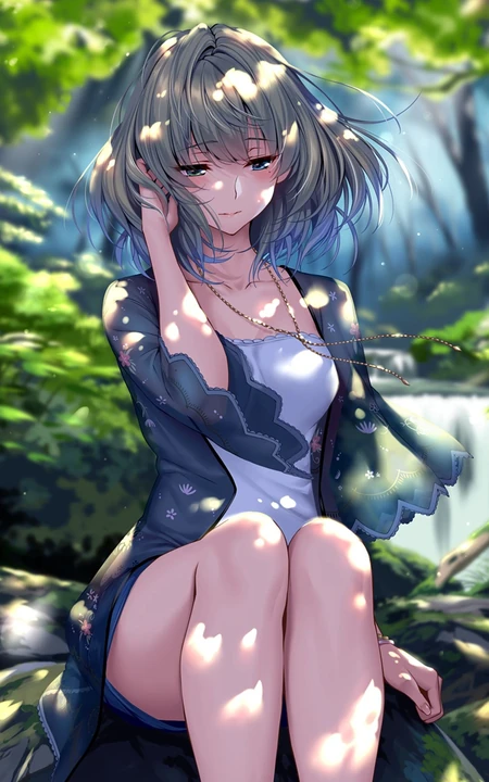 在森林中的躲避阳光，静坐在石头上的二次元动漫美腿美女高清手机壁纸