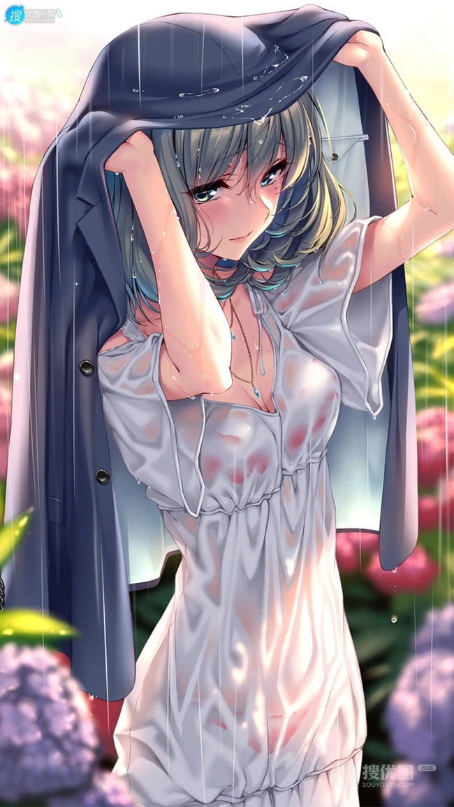 在雨中被全身淋湿的二次元美少女性感湿身插画手机壁纸图片
