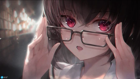 托着眼镜的样子太可爱了，大眼睛动漫眼镜美少女高清静距离2k插画壁纸图片