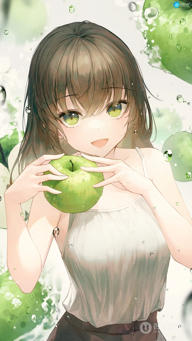 手拿青苹果的可爱清新动漫吊带衣少女高清2K插画手机壁纸图片